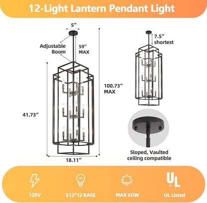 High Ceiling Entryway Chandelier: 12-Light Farmhouse Lantern Chandelier, Industrial Large Pendant Light Fixtures, Foyer Chandeliers for High Ceilings, for Entry, Staircase, Hallway (Black & Silver)