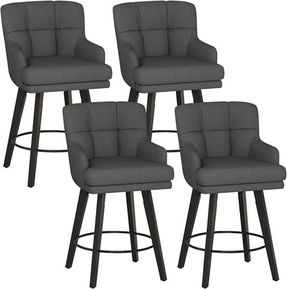 360°Swivel Counter Height Bar Stools with Back, 26 inch Solid Wood Legs, Bar Stool Modern Kitchen Island Chairs, Fabric (Black Grey- Fabric, 26" H- Set of 4)