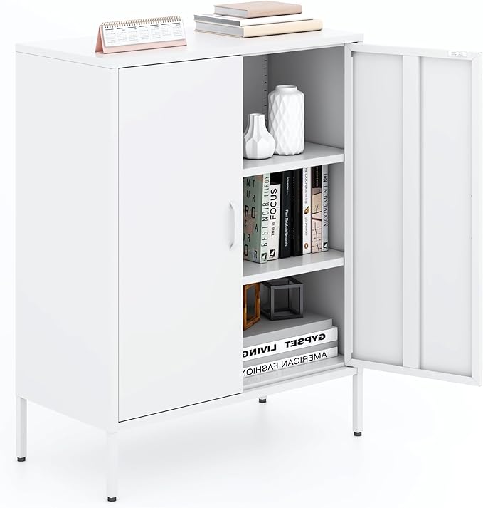 Metal Storage Cabinet with Doors and Shelves,Multipurpose Storage Rack, 3-Tier Shelf,Metal Locker Style Accent Cabinet for Home Office,Living Room,Kitchen(White, 40''H)