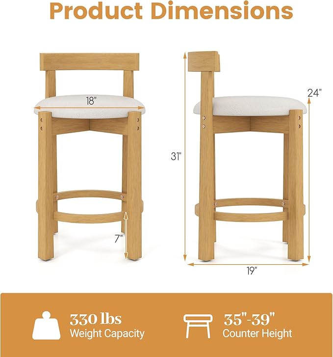 COSTWAY 24'' Counter Height Bar Stools Set of 2, Teddy Velvet Upholstered Bar Chairs with Backrests and Footrests, Wood High Barstools for Kitchen Island and Dining Room (Natural)