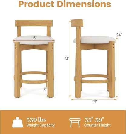 COSTWAY 24'' Counter Height Bar Stools Set of 2, Teddy Velvet Upholstered Bar Chairs with Backrests and Footrests, Wood High Barstools for Kitchen Island and Dining Room (Natural)