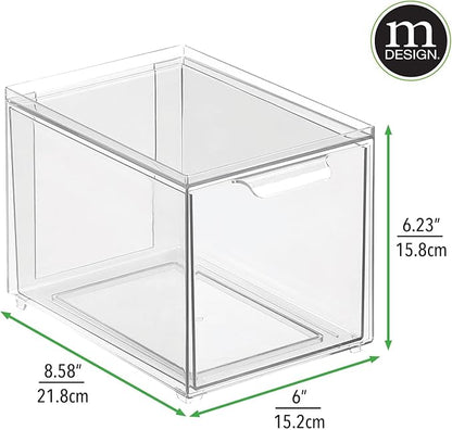 mDesign Plastic Closet Organizer Bin w/Pull Out Drawer - Slim Stackable Storage for Closet - Organization for Accessories, Bags, Totes, Small Linens, and More - Lumiere Collection - Clear