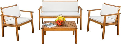 Devoko Patio Furniture 4 Piece Acacia Wood Outdoor Conversation Sofa Set with Table & Cushions Porch Chairs for Garden, Deck, Backyard, Natural