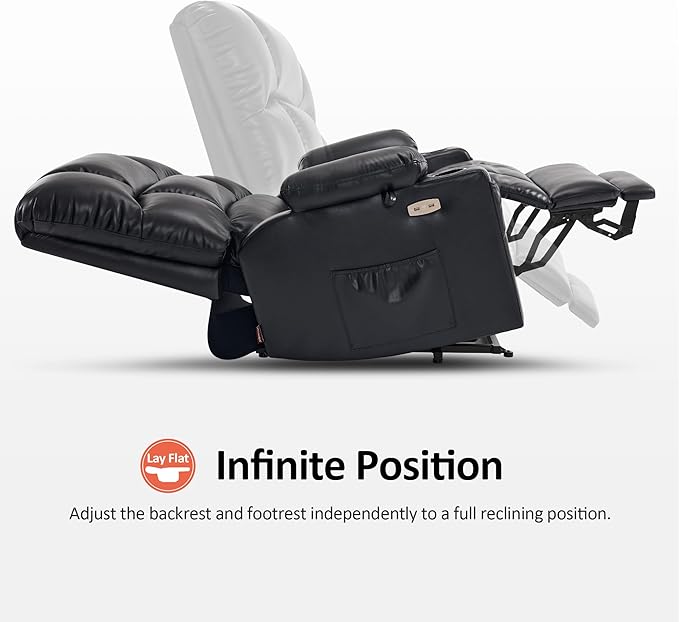 MCombo Oversized Dual Motor Power Lift Recliner Chair Sofa with Massage and Heat for Big Elderly People, Infinite Position, USB Ports, Faux Leather R7688 (Black, Large-Oversize)