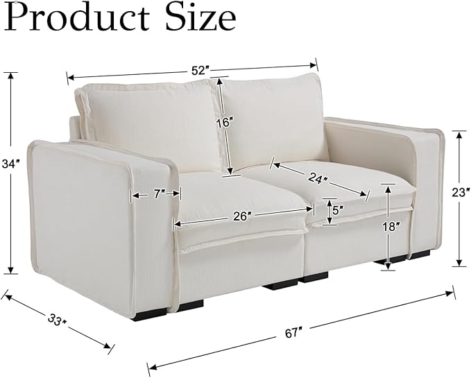 EALSON 67" Loveseat Sofa Modern Love Seat Sofa Comfy Linen Fabric Upholstered Cloud Couches Mid Century Modular 2-Seater Sectional Couch with Throw Pillows for Bedroom/Living Room/Apartment, White