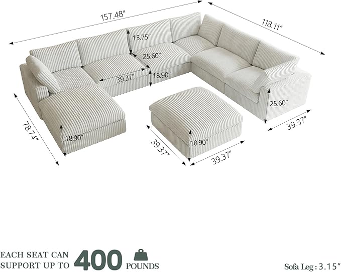 Cloud Modular Sectional Sofa Couch, 8 Seater Oversized Couch, 157.4" U-Shaped Convertible Couches with 2 Ottomans, Deep Sofa Couches for Living Room, Washable & Replaceable Covers, Beige