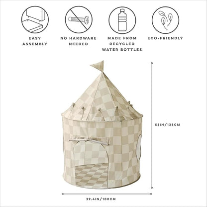 3 Sprouts Kids Play Tent - Sustainable Recycled Fabric – Fun Spacious Childs Playhouse for Indoor Games for Boys & Girls - Durable Fort Pop Up House for Toddlers & Children Age 3-10 - Checkered Beige