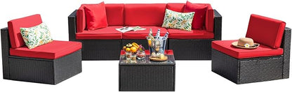 Devoko Patio Furniture Sets 6 Pieces Outdoor Sectional Rattan Sofa Manual Weaving Wicker Patio Conversation Set with Glass Table and Cushion (Red)