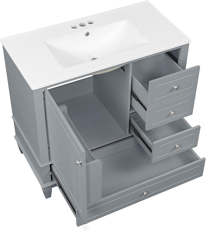 36 Inch Bathroom Vanity with Sink Set, Undermount Vanity Sink Cabinet with 3 Drawers and Door Storage, Soft Closing Door, Wood Frame, Gray