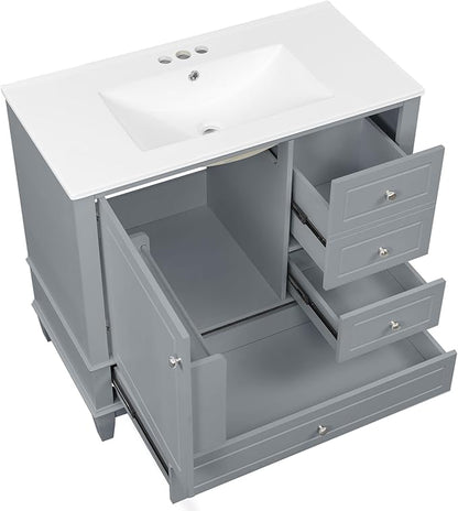 36 Inch Bathroom Vanity with Sink Set, Undermount Vanity Sink Cabinet with 3 Drawers and Door Storage, Soft Closing Door, Wood Frame, Gray