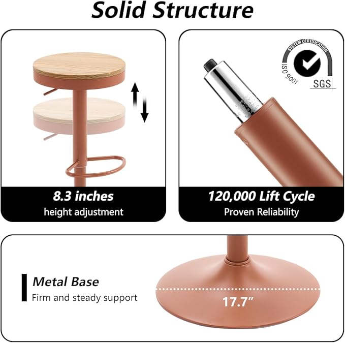 Kidol & Shellder Bar Stools Set of 4 Round Adjustable Swivel Barstools Modern Backless Bar Chairs Wooden Seat Counter Height Stools Armless for Kitchen Island, Cafe, Dining Room Terracotta