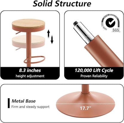 Kidol & Shellder Bar Stools Set of 4 Round Adjustable Swivel Barstools Modern Backless Bar Chairs Wooden Seat Counter Height Stools Armless for Kitchen Island, Cafe, Dining Room Terracotta