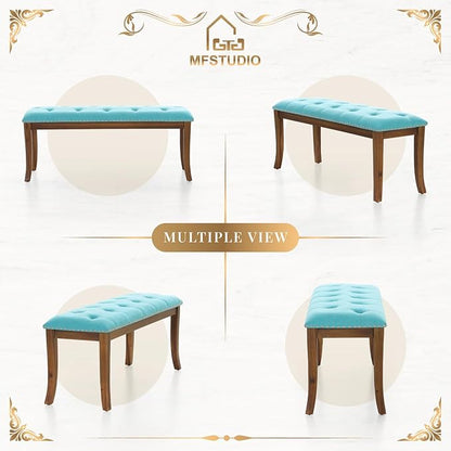 MFSTUDIO 44" Vintage Tufted Entryway Bench, Extra Large Memory Foam Upholstered Wood Ottoman Bench Dining Bench, Rectangle Tufted Fabric Bench for Living Room Hallway, Light Blue Cushion