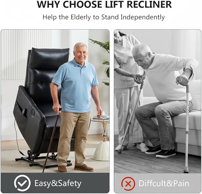 PELUMY Manual Lift Recliner Chair with Massage and Heat for Elderly, Single Motor Electric Lift Chair, Heavy Duty Recliner with USB Charging & Side Pockets (Breathable Leather, Black)