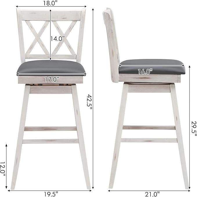 COSTWAY Bar Stool Set of 2, 360° Swivel Bar Height 29.5 inch Bar Stool with Foot Rest Upholstered Cushion & Ergonomic Backrest, Sturdy Frame, for Pub, Restaurant, Home (2, Antique White+ Grey)