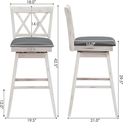 COSTWAY Bar Stool Set of 2, 360° Swivel Bar Height 29.5 inch Bar Stool with Foot Rest Upholstered Cushion & Ergonomic Backrest, Sturdy Frame, for Pub, Restaurant, Home (2, Antique White+ Grey)