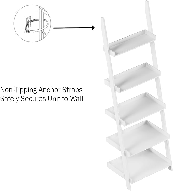 Lavish Home Bookshelf - 5-Tier Ladder Shelf with Leaning Look - Bookcase for Home Decor and Office Storage - Freestanding Book Shelves (White)