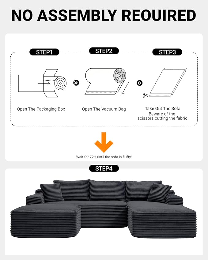 108 Inch Cloud Sectional Couch,Modern Modular Sectional Sofa with Deep Seat,Corduroy Boneless Couches with L-Shape Chaise for Living Room,No Assembly Required (Black, Right Facing Chaise + Ottoman)