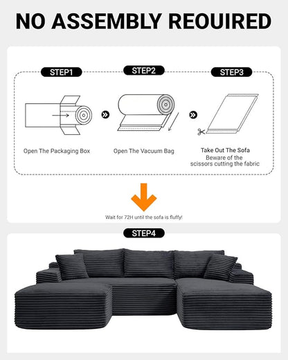 108 Inch Cloud Sectional Couch,Modern Modular Sectional Sofa with Deep Seat,Corduroy Boneless Couches with L-Shape Chaise for Living Room,No Assembly Required (Black, Right Facing Chaise + Ottoman)