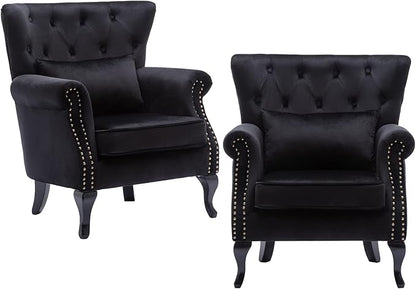 chairus Mid-Century Modern Accent Chairs Set of 2, Comfy Tufted Single Sofa Chair Wingback Armchair with Pillow for Club, Living Room, Bedroom - Velvet, Black