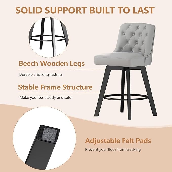 MINCETA Bar Stools Set of 2, PU Leather Barstools, 26 Inch Upholstered Counter Stools with Low Tufted Back and Footrest, Swivel Counter Height Barstools for Kitchen Island Home Bar Light Gray