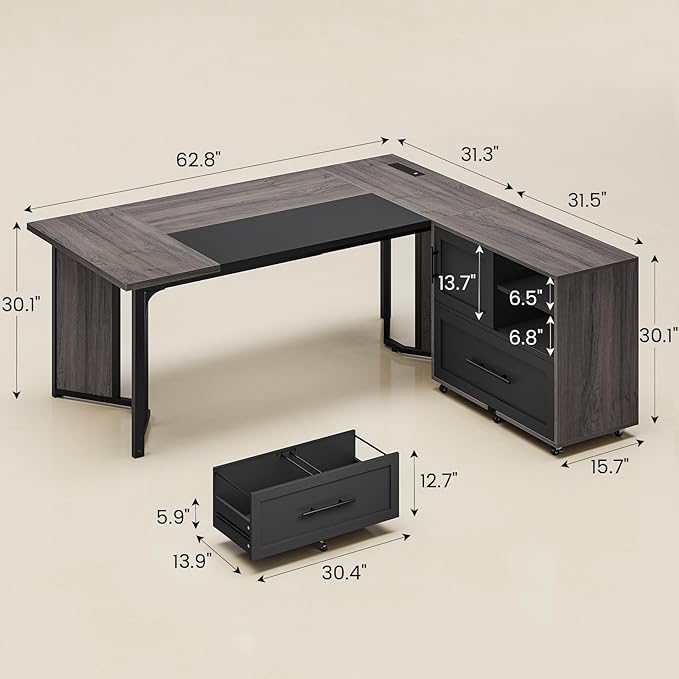 63" Executive Desk with Mobile File Cabinet, Large Office Desk with Drawer, Modern L Shaped Desk with Power Outlets, Storage Shelves, Corner Computer Desk Business Workstation Set (Grey)