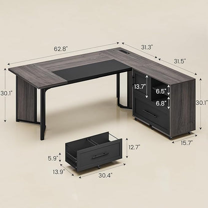 63" Executive Desk with Mobile File Cabinet, Large Office Desk with Drawer, Modern L Shaped Desk with Power Outlets, Storage Shelves, Corner Computer Desk Business Workstation Set (Grey)