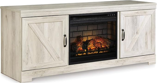 Signature Design by Ashley Bellaby Farmhouse 63" TV Stand with Electric Fireplace for TVs up to 72", Whitewash