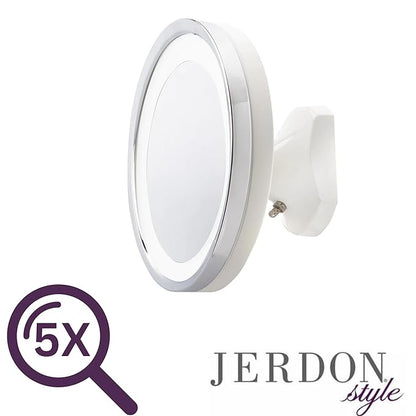 JERDON Wall Mounted White/Chrome Finish Makeup Mirror with LED Light – 5X Magnification – 9.75” Diameter –5.25” Pivot Extension – Direct Wire Only - Model HL95WL