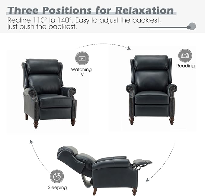 HULALA HOME Genuine Leather Recliner Chair, Traditional Manual Pushback Comfy Seating for Living Room, Thick Cushion & Solid Wood Legs, Wingback Recliner with Nailhead Trim, Navy-S2