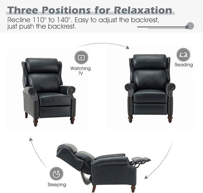 HULALA HOME Genuine Leather Recliner Chair, Traditional Manual Pushback Comfy Seating for Living Room, Thick Cushion & Solid Wood Legs, Wingback Recliner with Nailhead Trim, Navy