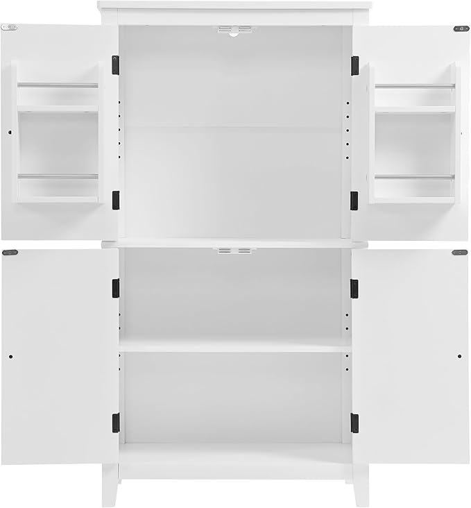 Tall Storage Cabinet, Bathroom Floor Freestanding Storage Cabinet with 2 Double-Door and Adjustable Shelves for Bathroom, Office, Living Room, White
