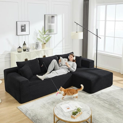 PELUMY 108.7" L-Shaped Modular Sectional Sofa with Oversized Chaise, Cloud Couch with Memory Foam, No Assembly Required Sleeper Sofa for Small Space Living Room, Apartment (Black, Corduroy)