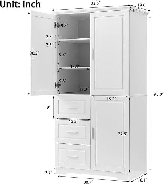 P PURLOVE Bathroom Storage Cabinet with 3 Drawers,Tall and Wide Bathroom Cabinet Standing,Wood Freestanding Tall Bathroom Cabinet for Kitchen,Living Room
