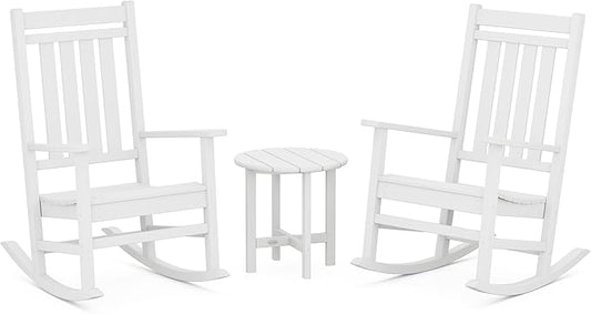 POLYWOOD Estate 3-Piece Rocking Chair Set, Outdoor Porch Rockers with Side Table, All-Weather HDPE Patio Furniture for Deck, Garden, Backyard, White
