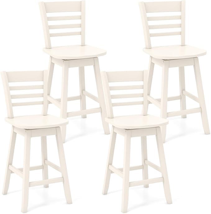 COSTWAY Bar Stools Set of 4, 24.5 Inch Swivel Counter Height Bar Chairs with Hollow Backrest & Contoured Seat, with Footrest for Kitchen Island, Pub, Bistro, Cafe (4, Cream)