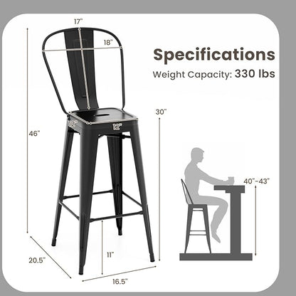 COSTWAY 30'' Metal Bar stools Set of 4, with Removable Back,Bar Height Stools with Rubber Feet, Stylish and Modern Chairs, for Kitchen, Dining Rooms, and Side Bar (Black-Update, 30'')