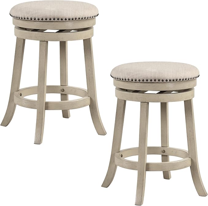 COSTWAY 360° Swivel Bar Stools Set of 2, 26.5-inch Height Upholstered Round Barstools with Wooden Frame, Seat and Footrest, Backless Solid Wood Counter Stools for Kitchen Island Bistro Pub, Beige