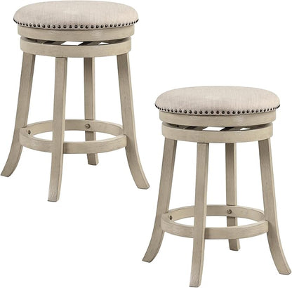 COSTWAY 360° Swivel Bar Stools Set of 2, 26.5-inch Height Upholstered Round Barstools with Wooden Frame, Seat and Footrest, Backless Solid Wood Counter Stools for Kitchen Island Bistro Pub, Beige