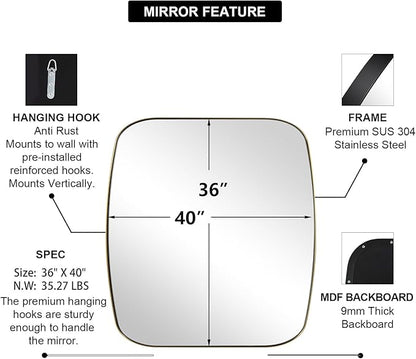ANDY STAR Gold Oblong Mirror, 36x40 Inch Gold Oval Mirror for Bathroom with Stainless Steel Metal Frame, Wall Mouned for Bathroom, Living Room, Entryway