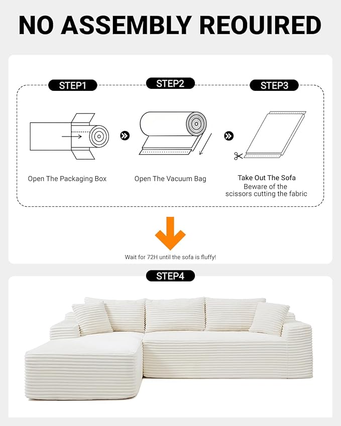 108 Inch Cloud Sectional Couch,Modern Modular Sectional Sofa with Deep Seat,Corduroy Boneless Couches with L-Shape Chaise for Living Room,No Assembly Required (Beige, Left Facing Chaise)