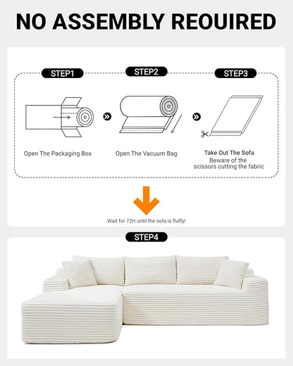 108 Inch Cloud Sectional Couch,Modern Modular Sectional Sofa with Deep Seat,Corduroy Boneless Couches with L-Shape Chaise for Living Room,No Assembly Required (Beige, Left Facing Chaise)