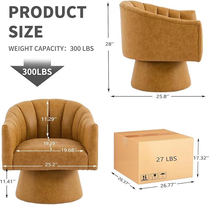 Swivel Accent Chair Set of 2,Faux Leather 360°Swivel Barrel Chair Upholstered Modern Living Room Chair, Overstuffed Reading Armchair for Bedroom,Vanity,Office-Mustard