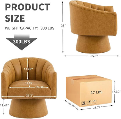 Swivel Accent Chair, Faux Leather 360° Swivel Barrel Chair Upholstered Modern Living Room Chair, Overstuffed Reading Armchair for Bedroom,Vanity,Office-Mustard