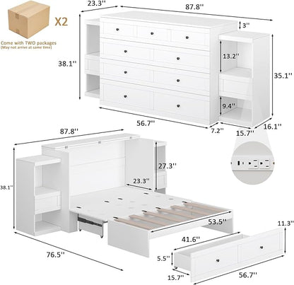 Full Size Murphy Bed with Bedside Tables,Full Size Foldable Cabinet Bed Frame with Charging Station & Drawer,Murphy Bed Chest with Adjustable LED Light for Bedroom,Guest Room,White