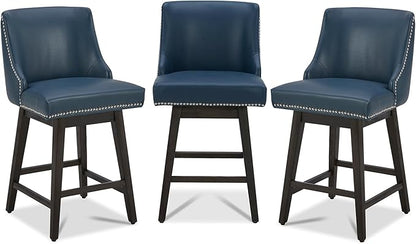 CHITA Counter Height Swivel Bar Stools Set of 3, FSC Certified Upholstered Counter Stools, Modern Swivel Barstools with Wood Legs for Kitchen Island, 26" Seat Height, Faux Leather in Blue