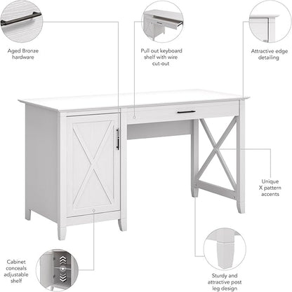 Bush Furniture Key West Computer Desk with Storage | Small Desk for Home Office in Pure White Oak | 54W x 24D Modern Farmhouse Desk