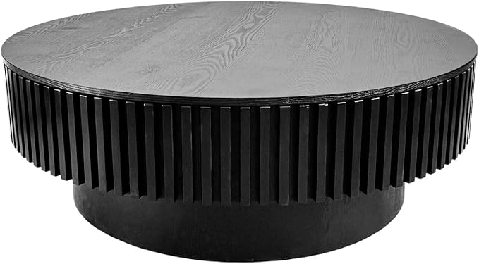 39.37'' Round Coffee Table for Living Room, Fluted Coffee Table with Hidden Storage, Solid Wood Veneered Circle Table, Modern Tea Table for Small Space Apartment (Black)