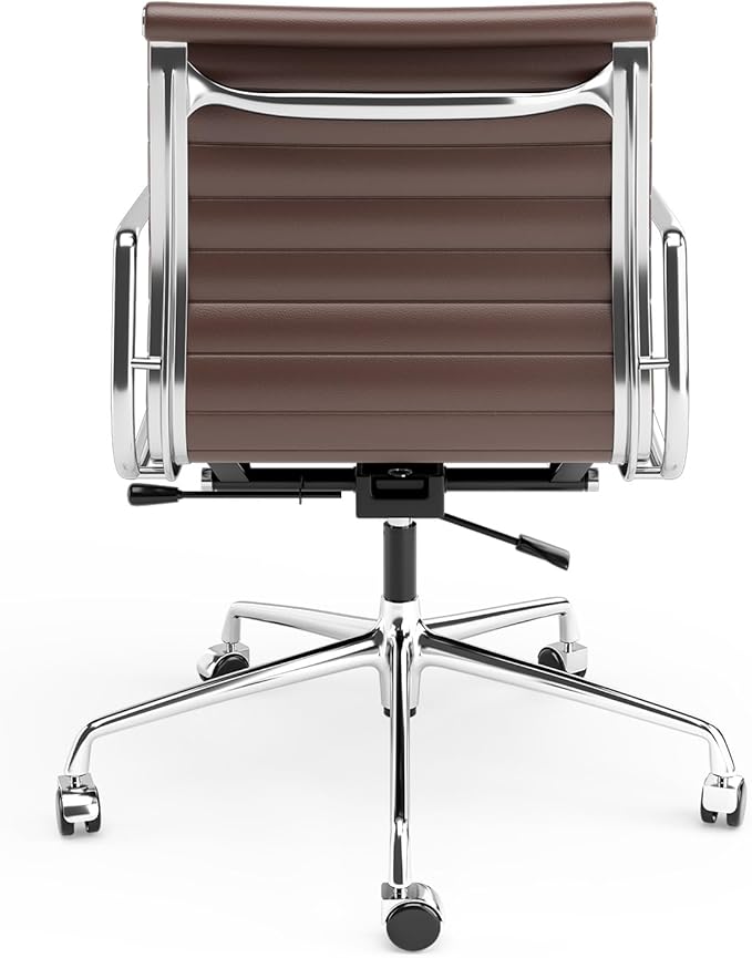 Ribbed Office Chair Top Grain Leather Desk Chair Mid Back Genuine Leather Swivel Chairs with Aluminum Alloy Arms & Base, with Silent Wheels, High Adjustable and Tilting Function,Brown
