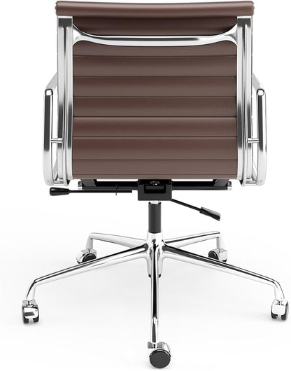 Ribbed Office Chair Top Grain Leather Desk Chair Mid Back Genuine Leather Swivel Chairs with Aluminum Alloy Arms & Base, with Silent Wheels, High Adjustable and Tilting Function,Brown